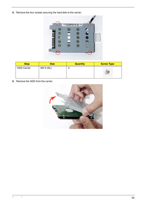 Page 71Chapter 359
4.Remove the four screws securing the hard disk to the carrier.
5.Remove the HDD from the carrier.
StepSizeQuantityScrew Type
HDD Carrier M3*3 (NL) 4 