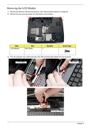 Page 8068Chapter 3
Removing the LCD Module
1.Remove the Antenna. Remove the Antenna. See “Removing the Antenna” on page 66.
2.Remove the two securing screws from the bottom of the chassis.
3.Turn the computer over. Disconnect the LCD, MIC and back light cables from the top panel.
StepSizeQuantityScrew Type
LCD Module M2.5*8(NL) 2
LCD cableMIC cable
Back light cable 