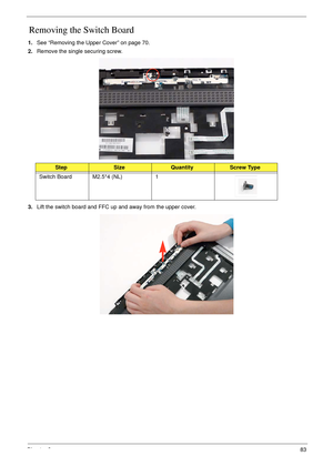 Page 95Chapter 383
 Removing the Switch Board
1.See “Removing the Upper Cover” on page 70.
2.Remove the single securing screw.
3.Lift the switch board and FFC up and away from the upper cover.
StepSizeQuantityScrew Type
Switch Board M2.5*4 (NL) 1 