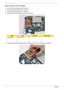 Page 10896Chapter 3
Removing the VGA Module
1.See “Removing the Battery Pack” on page 48.
2.See “Removing the Upper Cover” on page 70.
3.See “Removing the Main Board” on page 90.
4.Remove the two securing screws from the VGA Module.
5.The VGA module lifts automatically from the mainboard. Remove the VGA Module as shown.
StepSizeQuantityScrew Type
VGA Module M2*4-NI (NL) 2 