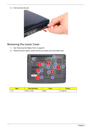 Page 6452Chapter 3
2.Pull it out from the slot.
Removing the Lower Cover
1.See “Removing the Battery Pack” on page 50.
2.Remove the four captive screws and the six screws (A) on the lower cover.   
StepSize (Quantity)ColorTo r q u e
1~6 M2.5 x L8 (6) Black 3.0 kgf-cm 