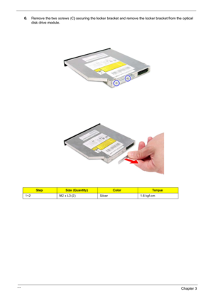 Page 7260Chapter 3
6.Remove the two screws (C) securing the locker bracket and remove the locker bracket from the optical 
disk drive module.   
StepSize (Quantity)ColorTo r q u e
1~2 M2 x L3 (2) Silver 1.6 kgf-cm 