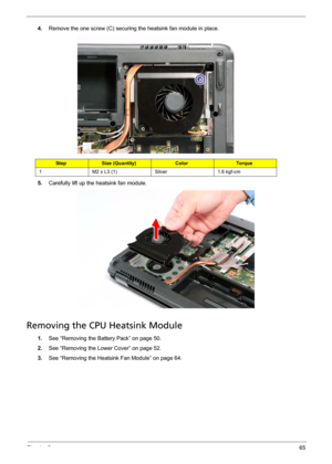 Page 77Chapter 365
4.Remove the one screw (C) securing the heatsink fan module in place. 
5.Carefully lift up the heatsink fan module. 
Removing the CPU Heatsink Module
1.See “Removing the Battery Pack” on page 50.
2.See “Removing the Lower Cover” on page 52.
3.See “Removing the Heatsink Fan Module” on page 64.
StepSize (Quantity)ColorTo r q u e
1 M2 x L3 (1) Silver 1.6 kgf-cm 