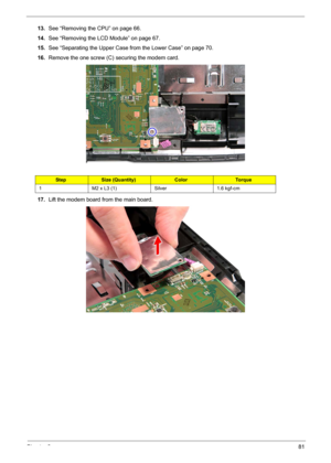 Page 93Chapter 381
13.See “Removing the CPU” on page 66.
14.See “Removing the LCD Module” on page 67.
15.See “Separating the Upper Case from the Lower Case” on page 70.
16.Remove the one screw (C) securing the modem card.
17.Lift the modem board from the main board. 
StepSize (Quantity)ColorTo r q u e
1 M2 x L3 (1) Silver 1.6 kgf-cm 