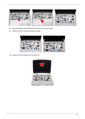 Page 65Chapter 361
 
8.Pull the wireless LAN antennas free from the main unit as shown.
9.Remove the four screws securing the hinges.
10.Detach the LCD module from the main unit. 