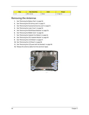 Page 10494Chapter 3
Removing the Antennas 
1.See “Removing the Battery Pack” on page 50.
2.See “Removing the SD dummy card” on page 51.
3.See “Removing the ExpressCard dummy card” on page 51.
4.See “Removing the Lower Cover” on page 52.
5.See “Removing the WLAN Board Modules” on page 54.
6.See “Removing the Middle Cover” on page 62.
7.See “Removing the Heatsink Fan Module” on page 64.
8.See “Removing the CPU Heatsink Module” on page 65.
9.See “Removing the LCD Module” on page 67.
10.See “Removing the LCD Bezel”...