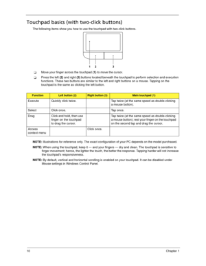 Page 2010Chapter 1
Touchpad basics (with two-click buttons)
The following items show you how to use the touchpad with two-click buttons.
Move your finger across the touchpad (1) to move the cursor.
Press the left (2) and right (3) buttons located beneath the touchpad to perform selection and execution 
functions. These two buttons are similar to the left and right buttons on a mouse. Tapping on the 
touchpad is the same as clicking the left button.
NOTE: Illustrations for reference only. The exact...