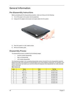 Page 5848Chapter 3
General Information
Pre-disassembly Instructions
Before proceeding with the disassembly procedure, make sure that you do the following:
1.Turn off the power to the system and all peripherals.
2.Unplug the AC adapter and all power and signal cables from the system. 
3.Place the system on a flat, stable surface. 
4.Remove the battery pack.
Disassembly Process
The disassembly process is divided into the following stages:
 External module disassembly
 Main unit disassembly
 LCD module...