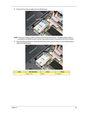 Page 65Chapter 355
4.Disconnect the antenna cables from the WLAN board. 
NOTE: There are 2 antenna cables connected to the WLAN board module. The Black antenna cable is 
connected to the MAIN connector and the Gray antenna cable is connected to the AUX connector.
5.Move the antenna away from the WLAN board and remove the one screw (H) on the WLAN board to 
release the WLAN board.   
StepSize (Quantity)ColorTo r q u e
1 M2 x L3 (1) Black 1.6 kgf-cm 