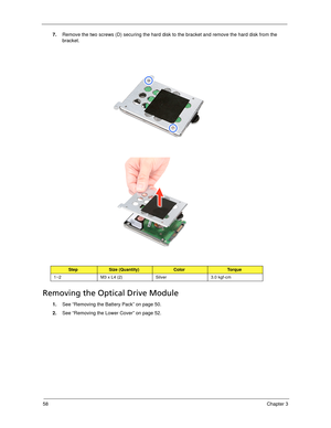 Page 6858Chapter 3
7.Remove the two screws (D) securing the hard disk to the bracket and remove the hard disk from the 
bracket.     
Removing the Optical Drive Module
1.See “Removing the Battery Pack” on page 50.
2.See “Removing the Lower Cover” on page 52.
StepSize (Quantity)ColorTo r q u e
1~2 M3 x L4 (2) Silver 3.0 kgf-cm 