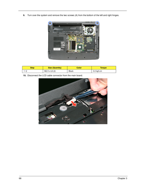 Page 7868Chapter 3
9.Turn over the system and remove the two screws (A) from the bottom of the left and right hinges. 
10.Disconnect the LCD cable connector from the main board. 
StepSize (Quantity)ColorTo r q u e
1~2 M2.5 x L8 (2) Black 3.0 kgf-cm 