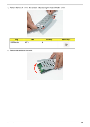 Page 69Chapter 359
4.Remove the four (4) screws (two on each side) securing the hard disk to the carrier.
5.Remove the HDD from the carrier.
StepSizeQuantityScrew Type
HDD Carrier M3*3 4 