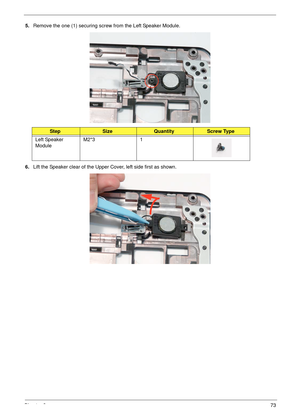 Page 83Chapter 373
5.Remove the one (1) securing screw from the Left Speaker Module.
6.Lift the Speaker clear of the Upper Cover, left side first as shown.
StepSizeQuantityScrew Type
Left Speaker 
ModuleM2*3 1 