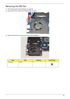 Page 91Chapter 381
Removing the CPU Fan
1.See “Removing the Thermal Module” on page 80.
2.Disconnect the Fan cable from the Mainboard as shown.
3.Remove the three (3) securing screws from the Fan Module.
StepSizeQuantityScrew Type
CPU Fan M2*3 3 