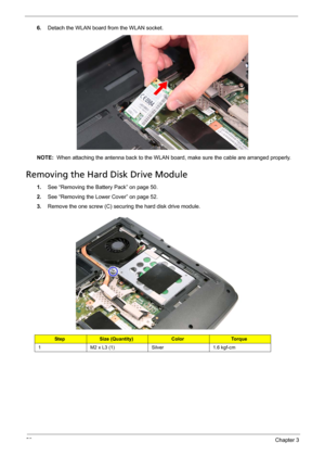 Page 6656Chapter 3
6.Detach the WLAN board from the WLAN socket. 
NOTE:  When attaching the antenna back to the WLAN board, make sure the cable are arranged properly. 
Removing the Hard Disk Drive Module 
1.See “Removing the Battery Pack” on page 50.
2.See “Removing the Lower Cover” on page 52.
3.Remove the one screw (C) securing the hard disk drive module. 
StepSize (Quantity)ColorTo r q u e
1 M2 x L3 (1) Silver 1.6 kgf-cm 