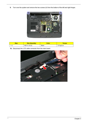 Page 7868Chapter 3
9.Turn over the system and remove the two screws (A) from the bottom of the left and right hinges. 
10.Disconnect the LCD cable connector from the main board. 
StepSize (Quantity)ColorTo r q u e
1~2 M2.5 x L8 (2) Black 3.0 kgf-cm 