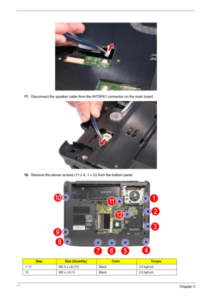 Page 8272Chapter 3
17.Disconnect the speaker cable from the INTSPK1 connector on the main board. 
18.Remove the eleven screws (11 x A, 1 x G) from the bottom panel.   
StepSize (Quantity)ColorTo r q u e
1~11 M2.5 x L8 (11) Black 3.0 kgf-cm
12 M2 x L4 (1) Black 3.0 kgf-cm 