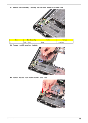 Page 95Chapter 385
17.Remove the one screw (C) securing the USB board module to the lower case. 
18.Release the USB cable from the latch.
19.Remove the USB board module from the lower case.
StepSize (Quantity)ColorTo r q u e
1 M2 x L3 (1) Silver 1.6 kgf-cm 