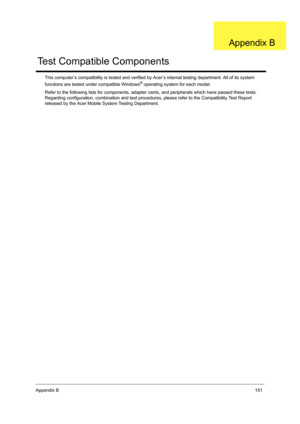 Page 159Appendix B151
This computer’s compatibility is tested and verified by Acer’s internal testing department. All of its system 
functions are tested under compatible Windows® operating system for each model. 
Refer to the following lists for components, adapter cards, and peripherals which have passed these tests. 
Regarding configuration, combination and test procedures, please refer to the Compatibility Test Report 
released by the Acer Mobile System Testing Department.
Test Compatible Components
Appendix B 