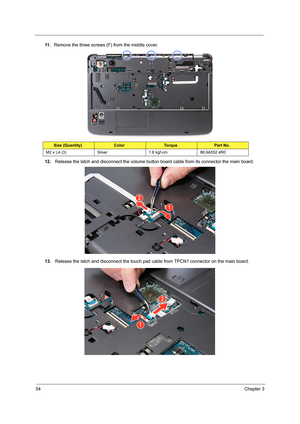 Page 6254Chapter 3
11 .Remove the three screws (F) from the middle cover.
12. Release the latch and disconnect the volume button board cable from its connector the main board.
13. Release the latch and disconnect the touch pad cable from TPCN1 connector on the main board.
Size (Quantity)ColorTo r q u ePart No.
M2 x L4 (3) Silver 1.6 kgf-cm 86.9A552.4R0 