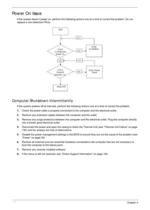 Page 131120Chapter 4
Power On Issue
If the system doesn’t power on, perform the following actions one at a time to correct the problem. Do not 
replace a non-defective FRUs:
Computer Shutsdown Intermittently
If the system powers off at intervals, perform the following actions one at a time to correct the problem.
1.Check the power cable is properly connected to the computer and the electrical outlet. 
2.Remove any extension cables between the computer and the outlet.
3.Remove any surge protectors between the...