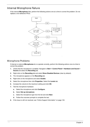 Page 137126Chapter 4
Internal Microphone Failure
If the internal Microphone fails, perform the following actions one at a time to correct the problem. Do not 
replace a non-defective FRUs:
Microphone Problems
If internal or external Microphones do no operate correctly, perform the following actions one at a time to 
correct the problem.
1.Check that the microphone is enabled. Navigate to Start´ Control Panel´ Hardware and Sound´ 
Sound and select the Recording tab.
2.Right-click on the Recording tab and select...