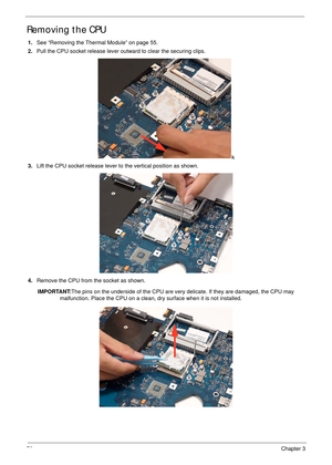 Page 8776Chapter 3
Removing the CPU 
1.See “Removing the Thermal Module” on page 55.
2.Pull the CPU socket release lever outward to clear the securing clips.
k
3.Lift the CPU socket release lever to the vertical position as shown.
4.Remove the CPU from the socket as shown.
IMPORTANT:The pins on the underside of the CPU are very delicate. If they are damaged, the CPU may 
malfunction. Place the CPU on a clean, dry surface when it is not installed. 