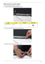Page 90Chapter 379
Removing the Inverter Board
1.See “Removing the LCD Bezel” on page 78.
2.Remove the securing screws from the Inverter board.
3.Remove the adhesive strip from the right side connector.
4.Disconnect the right Inverter board cable as shown.
StepSizeQuantityScrew Type
Inverter Board M2.5*6 2 