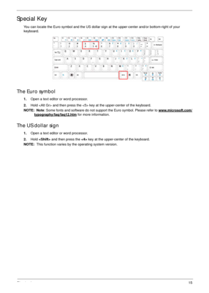 Page 25Chapter 115
Special Key
You can locate the Euro symbol and the US dollar sign at the upper-center and/or bottom-right of your 
keyboard.
The Euro symbol
1.Open a text editor or word processor.
2.Hold  and then press the  key at the upper-center of the keyboard.
NOTE:  Note: Some fonts and software do not support the Euro symbol. Please refer to www.microsoft.com/
typography/faq/faq12.htm for more information.
The US dollar sign
1.Open a text editor or word processor.
2.Hold  and then press the  key at...