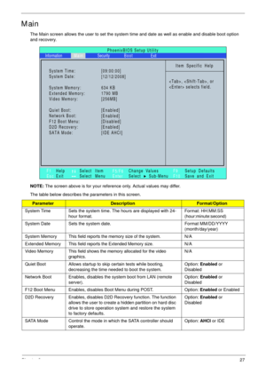 Page 37Chapter 227
Main
The Main screen allows the user to set the system time and date as well as enable and disable boot option 
and recovery.
NOTE: The screen above is for your reference only. Actual values may differ.
The table below describes the parameters in this screen. 
ParameterDescriptionFormat/Option
System Time Sets the system time. The hours are displayed with 24-
hour format.Format: HH:MM:SS 
(hour:minute:second) 
System Date Sets the system date. Format MM/DD/YYYY 
(month/day/year)
System...