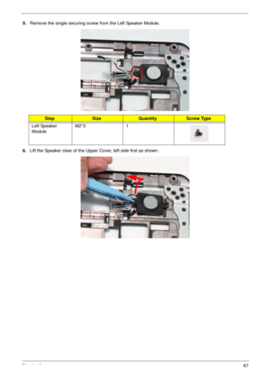 Page 77Chapter 367
5.Remove the single securing screw from the Left Speaker Module.
6.Lift the Speaker clear of the Upper Cover, left side first as shown.
StepSizeQuantityScrew Type
Left Speaker 
ModuleM2*3 1 