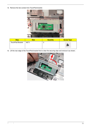 Page 81Chapter 371
4.Remove the two screws from TouchPad bracket.
5.Lift the rear edge of the TouchPad bracket first to clear the securing clips and remove it as shown.
StepSizeQuantityScrew Type
TouchPad Bracket M2*3 2 