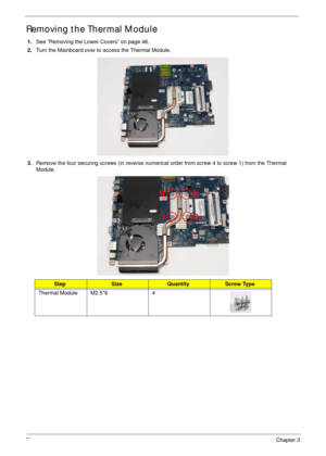 Page 8474Chapter 3
Removing the Thermal Module
1.See “Removing the Lower Covers” on page 46.
2.Turn the Mainboard over to access the Thermal Module.
3.Remove the four securing screws (in reverse numerical order from screw 4 to screw 1) from the Thermal 
Module.
StepSizeQuantityScrew Type
Thermal Module M2.5*6 4
12
3 4 