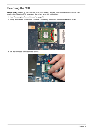 Page 8878Chapter 3
Removing the CPU
IMPORTANT: The pins on the underside of the CPU are very delicate. If they are damaged, the CPU may 
malfunction. Place the CPU on a clean, dry surface when it is not installed.
1.See “Removing the Thermal Module” on page 74.
2.Using a flat-bladed screw driver, rotate the CPU locking screw 180° counter-clockwise as shown.
3.Lift the CPU clear of the socket as shown. 