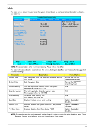 Page 39Chapter 229
Main
The Main screen allows the user to set the system time and date as well as enable and disable boot option 
and recovery.
NOTE: The screen above is for your reference only. Actual values may differ.
The table below describes the parameters in this screen. Settings in boldface are the default and suggested 
parameter settings.
NOTE: The sub-items under each device will not be shown if the device control is set to disable or auto. This is 
because the user is not allowed to control the...
