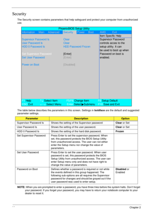 Page 4232Chapter 2
Security
The Security screen contains parameters that help safeguard and protect your computer from unauthorized 
use.
The table below describes the parameters in this screen. Settings in boldface are the default and suggested 
parameter settings.
NOTE: When you are prompted to enter a password, you have three tries before the system halts. Don’t forget 
your password. If you forget your password, you may have to return your notebook computer to your 
dealer to reset it....