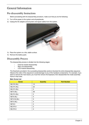 Page 5848Chapter 3
General Information
Pre-disassembly Instructions
Before proceeding with the disassembly procedure, make sure that you do the following:
1.Turn off the power to the system and all peripherals.
2.Unplug the AC adapter and all power and signal cables from the system. 
3.Place the system on a flat, stable surface. 
4.Remove the battery pack.
Disassembly Process
The disassembly process is divided into the following stages:
•External module disassembly
•Main unit disassembly
•LCD module...