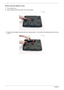 Page 6050Chapter 3
Removing the Battery Pack
1.Turn computer over. 
2.Slide the battery lock/unlock latch to the unlock position. 
3.Slide and hold the battery release latch to the release position (1), then slide out the battery pack from the main 
unit (2). 
1
2 