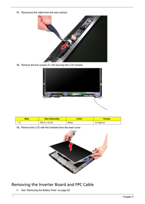 Page 10290Chapter 3
11 .Disconnect the cable from the web camera. 
12.Remove the five screws (5 x B) securing the LCD module. 
13.Remove the LCD with the brackets from the back cover. 
Removing the Inverter Board and FPC Cable
1.See “Removing the Battery Pack” on page 50.
StepSize (Quantity)ColorTo r q u e
1~5 M2.5 x L6 (5) Black 3.0 kgf-cm 