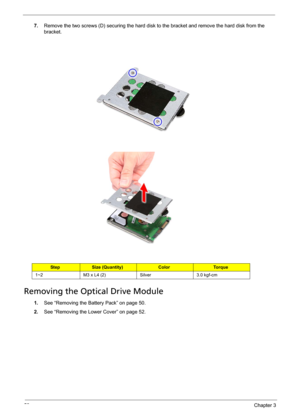 Page 7058Chapter 3
7.Remove the two screws (D) securing the hard disk to the bracket and remove the hard disk from the 
bracket.     
Removing the Optical Drive Module
1.See “Removing the Battery Pack” on page 50.
2.See “Removing the Lower Cover” on page 52.
StepSize (Quantity)ColorTo r q u e
1~2 M3 x L4 (2) Silver 3.0 kgf-cm 