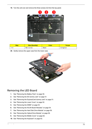 Page 85Chapter 373
19.Turn the unit over and remove the three screws (G) from the top panel. 
20.Gently remove the upper case from the lower case. 
Removing the LED Board
1.See “Removing the Battery Pack” on page 50.
2.See “Removing the SD dummy card” on page 51.
3.See “Removing the ExpressCard dummy card” on page 51.
4.See “Removing the Lower Cover” on page 52.
5.See “Removing the DIMM” on page 53.
6.See “Removing the WLAN Board Modules” on page 54.
7.See “Removing the Hard Disk Drive Module” on page 56.
8.See...