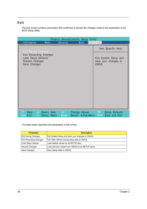 Page 4638Chapter 2
Exit
The Exit screen contains parameters that confirmed or discard the changes made to the parameters in the 
BIOS Setup Utility.
The table below describes the parameters in this screen.
ParameterDescription
Exit Saving Changes Exit System Setup and save your changes to CMOS.
Exit Discarding Changes Exit utility without saving setup data to CMOS.
Load Setup Default Load default values for all SETUP item.
Discard Changes Load previous values from CMOS for all SETUP items.
Save Changes Save...