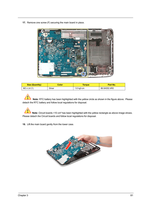 Page 89Chapter 381
17.Remove one screw (F) securing the main board in place.    
 Note: RTC battery has been highlighted with the yellow circle as shown in the figure above.  Please 
detach the RTC battery and follow local regulations for disposal.
Note: Circuit boards >10 cm² has been highlighted with the yellow rectangle as above image shows. 
Please detach the Circuit boards and follow local regulations for disposal.
18.Lift the main board gently from the lower case.
Size (Quantity)ColorTo r q u ePart No.
M2...