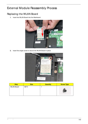 Page 150Chapter 3140
External Module Reassembly Process
Replacing the WLAN Board
1.Insert the WLAN Board into the Mainboard.
2.Insert the single screw to secure the WLAN Board in place.
StepSizeQuantityScrew Type
WLAN Board M2*3 1 