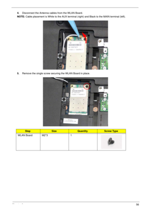 Page 66Chapter 356
4.Disconnect the Antenna cables from the WLAN Board.
NOTE: Cable placement is White to the AUX terminal (right) and Black to the MAIN terminal (left).
5.Remove the single screw securing the WLAN Board in place.
StepSizeQuantityScrew Type
WLAN Board M2*3 1 