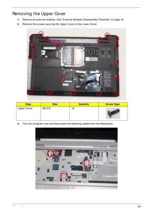 Page 72Chapter 362
Removing the Upper Cover
1.Remove all external modules. See “External Modules Disassembly Flowchart” on page 44.
2.Remove the screws securing the Upper Cover to the Lower Cover.
3.Turn the computer over and disconnect the following cables from the Mainboard:
StepSizeQuantityScrew Type
Upper Cover M2.5*8 18 