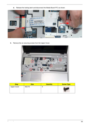 Page 74Chapter 364
d.Release the locking latch and disconnect the Media Board FFC as shown.
4.Remove the six securing screws from the Upper Cover.
StepSizeQuantityScrew Type
Upper Cover M2.5*6 6 