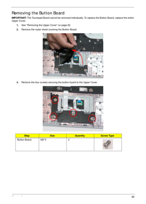 Page 76Chapter 366
Removing the Button Board
IMPORTANT: The Touchpad Board cannot be removed individually. To replace the Button Board, replace the entire 
Upper Cover.
1.See “Removing the Upper Cover” on page 62.
2.Remove the mylar sheet covering the Button Board.
3.Remove the four screws securing the button board to the Upper Cover.
StepSizeQuantityScrew Type
Button Board M2*3 4 