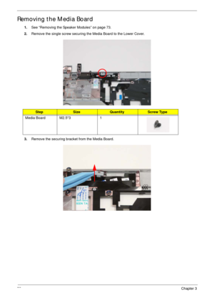 Page 8575Chapter 3
Removing the Media Board
1.See “Removing the Speaker Modules” on page 73.
2.Remove the single screw securing the Media Board to the Lower Cover.
3.Remove the securing bracket from the Media Board.
StepSizeQuantityScrew Type
Media Board M2.5*3 1 