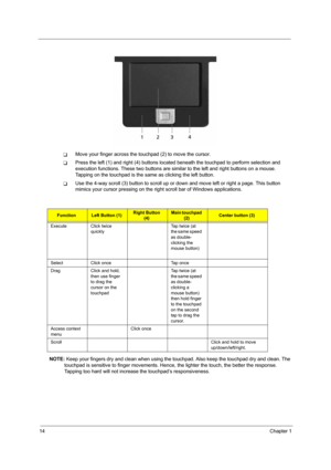 Page 2014Chapter 1
TMove your finger across the touchpad (2) to move the cursor. 
TPress the left (1) and right (4) buttons located beneath the touchpad to perform selection and 
execution functions. These two buttons are similar to the left and right buttons on a mouse. 
Tapping on the touchpad is the same as clicking the left button.
TUse the 4-way scroll (3) button to scroll up or down and move left or right a page. This button 
mimics your cursor pressing on the right scroll bar of Windows applications....